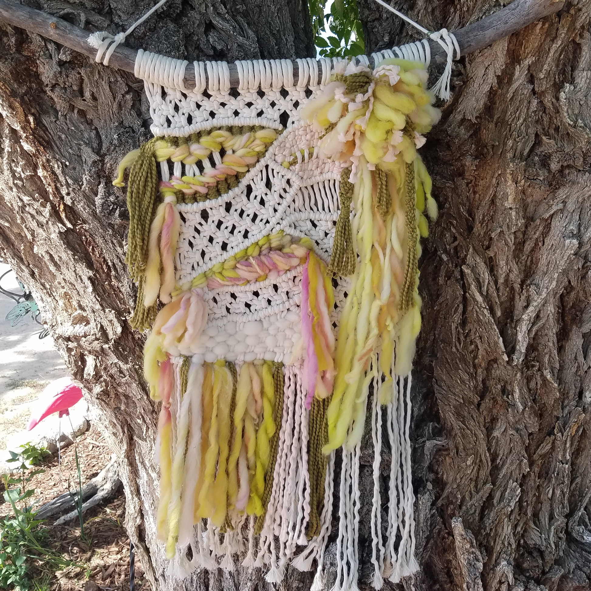 ONE-OF-A-KIND Large Green & Pink Macrame/Woven Beauty Wall Hanging image 0